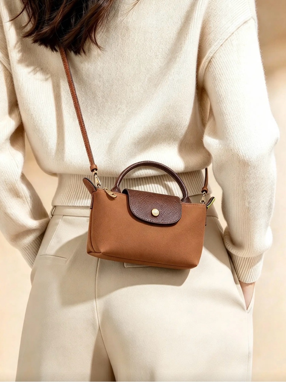 Le Pliage Cognac Mini Pouch w/ Leather Crossbody Strap - NWT